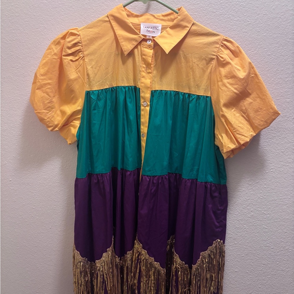 Fantastic Fawn Mardi Gras Button-Up Dress